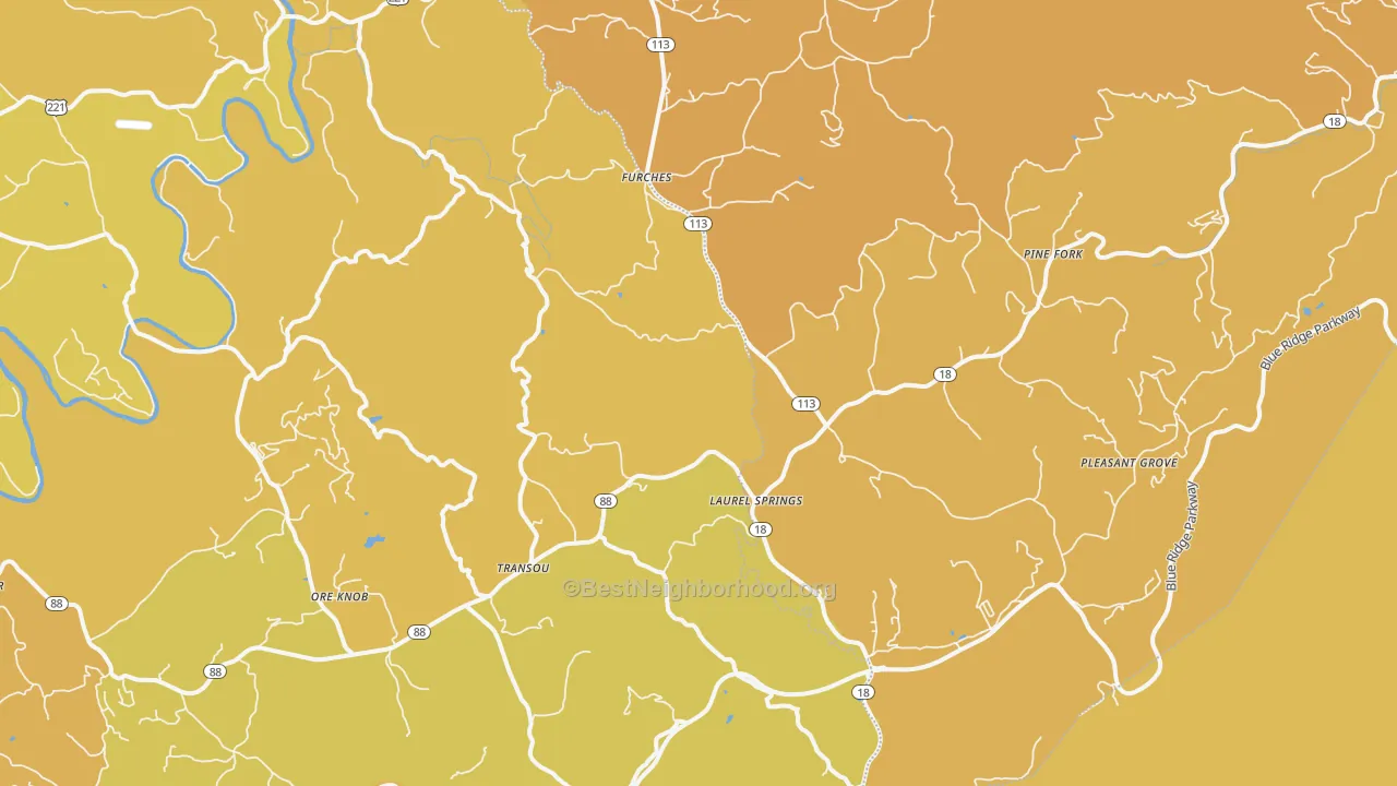 Map of the best neighborhoods in the Laurel Springs area, with better matches in green and worse matches in red
