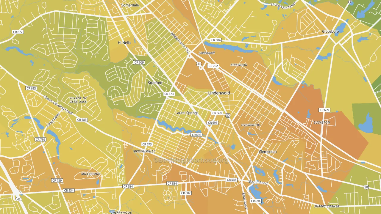 Map of the best neighborhoods in the Laurel Springs area, with better matches in green and worse matches in red
