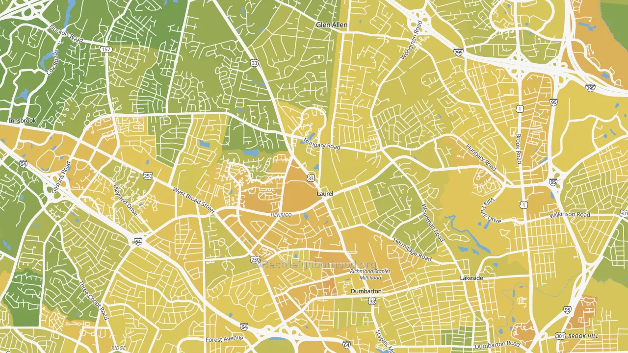 Map of the best neighborhoods in the Laurel area, with better matches in green and worse matches in red