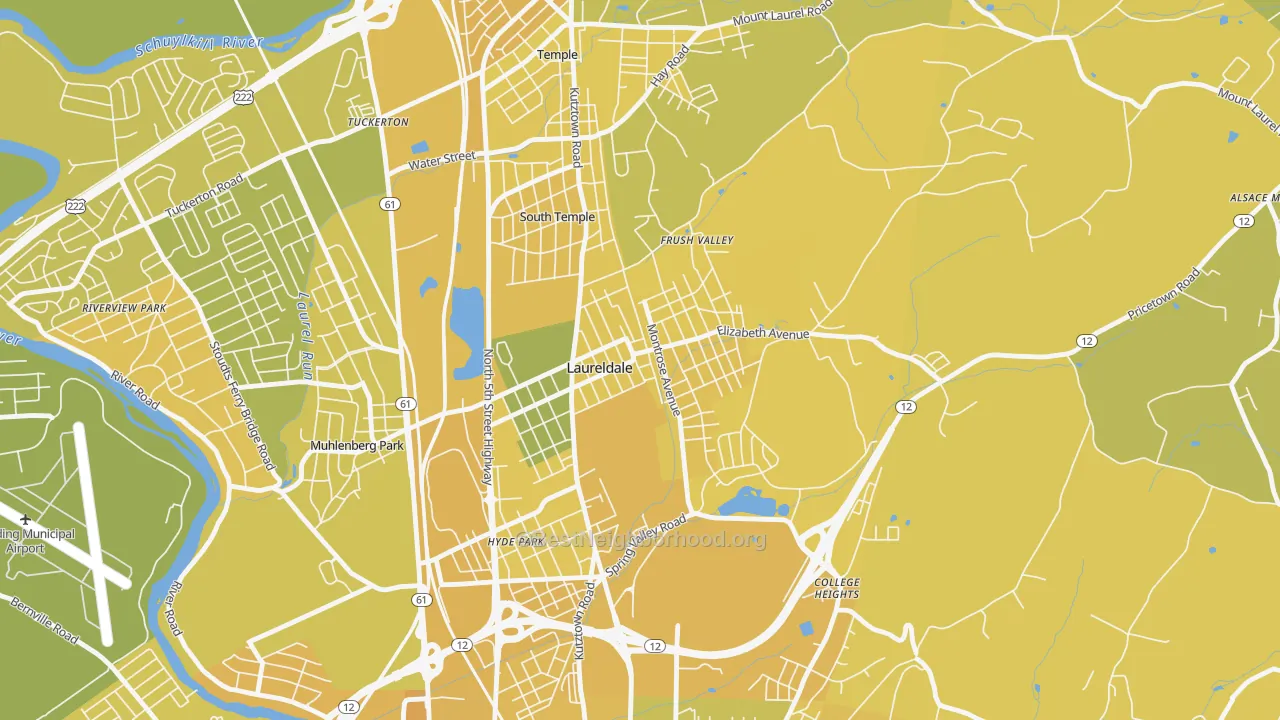 Map of the best neighborhoods in the Laureldale area, with better matches in green and worse matches in red
