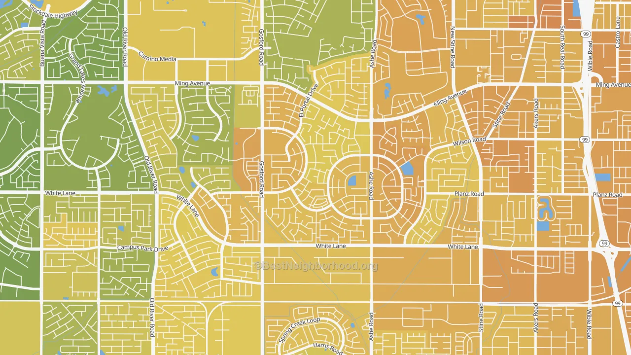 Map of the best neighborhoods in the Laurelglen, Bakersfield area, with better matches in green and worse matches in red