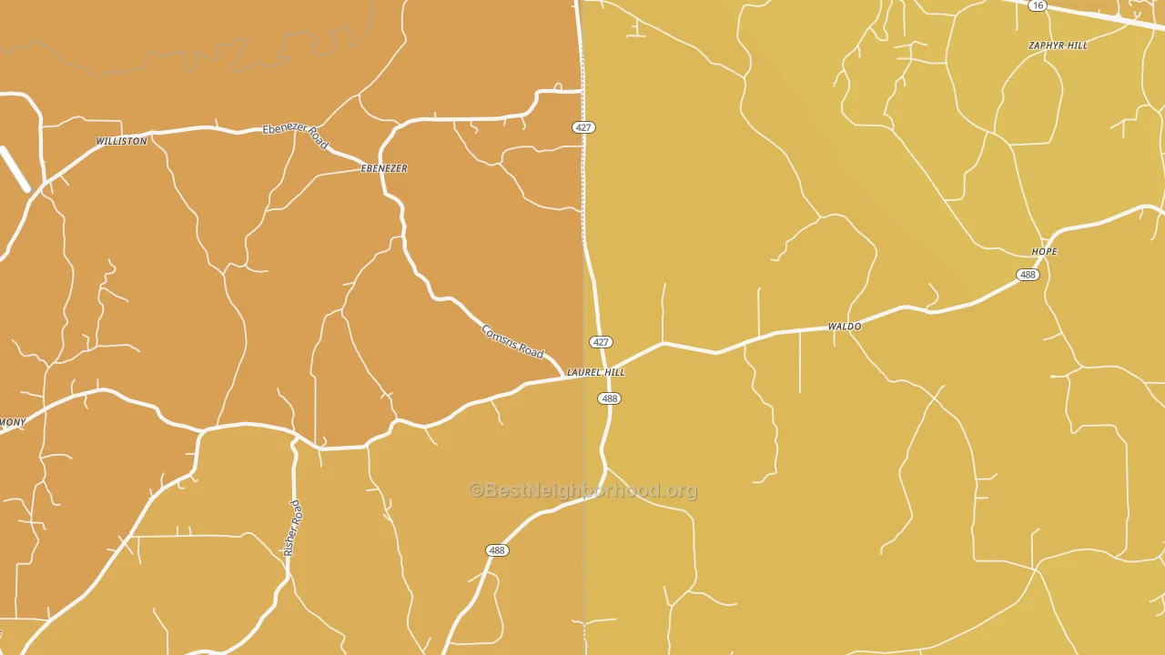 Map of the best neighborhoods in the Laurelhill area, with better matches in green and worse matches in red
