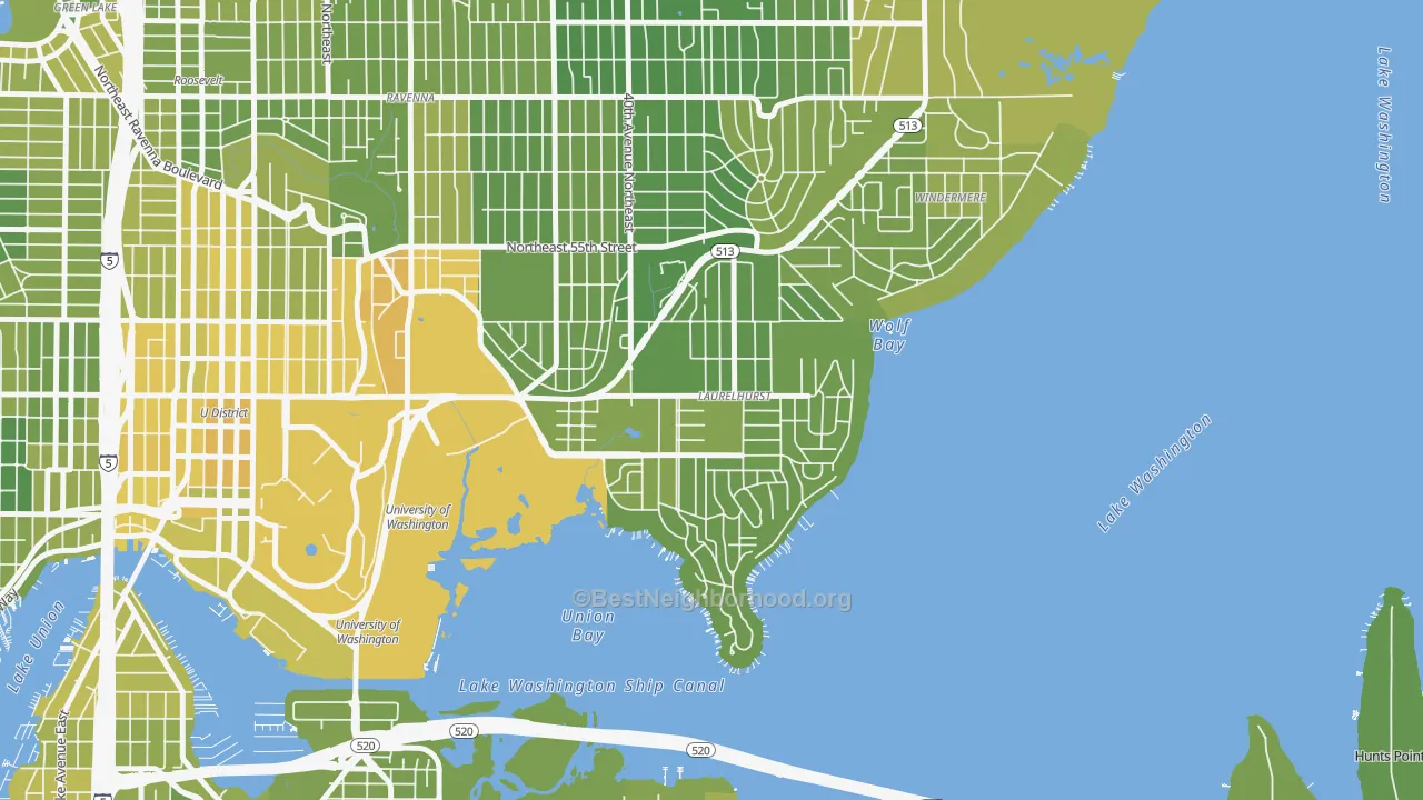 Map of the best neighborhoods in the Laurelhurst, Seattle area, with better matches in green and worse matches in red