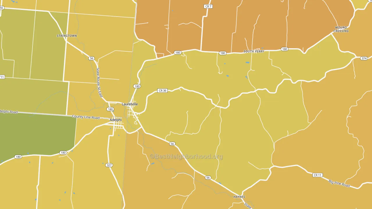 Map of the best neighborhoods in the Laurelville area, with better matches in green and worse matches in red