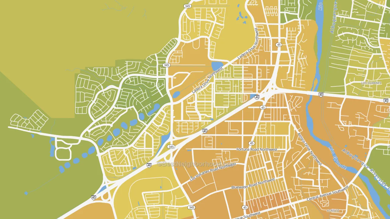 Map of the best neighborhoods in the Laurelwood, Albuquerque area, with better matches in green and worse matches in red