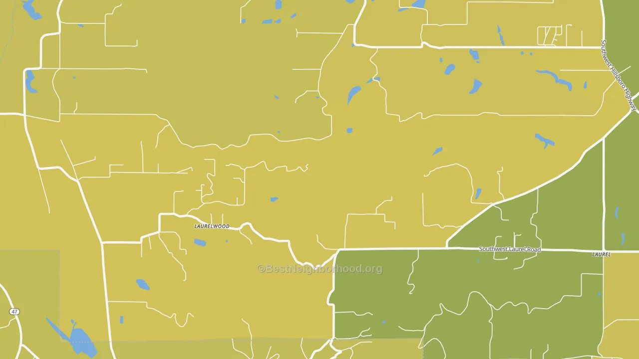 Map of the best neighborhoods in the Laurelwood area, with better matches in green and worse matches in red