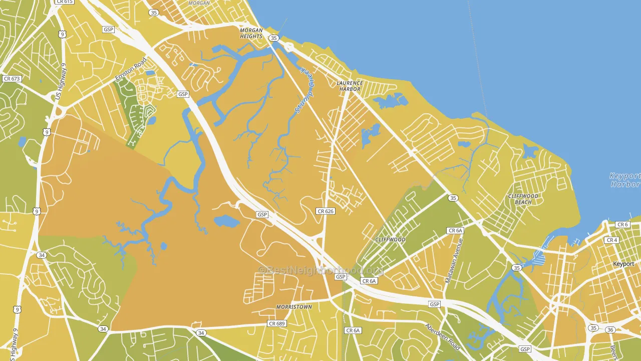 Map of the best neighborhoods in the Laurence Harbor area, with better matches in green and worse matches in red