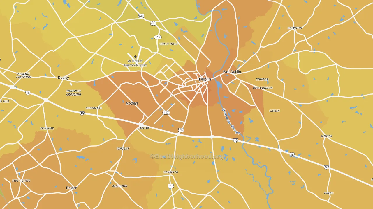 Map of the best neighborhoods in the Laurens County area, with better matches in green and worse matches in red