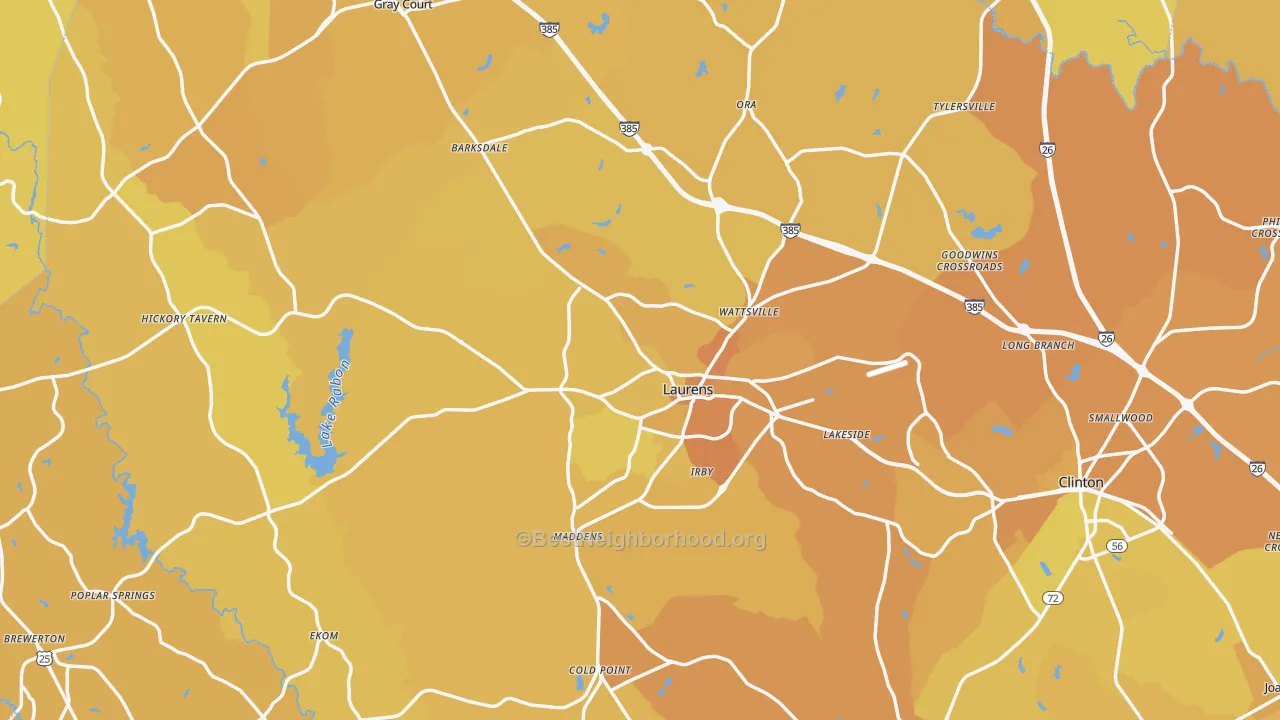 Map of the best neighborhoods in the Laurens County area, with better matches in green and worse matches in red
