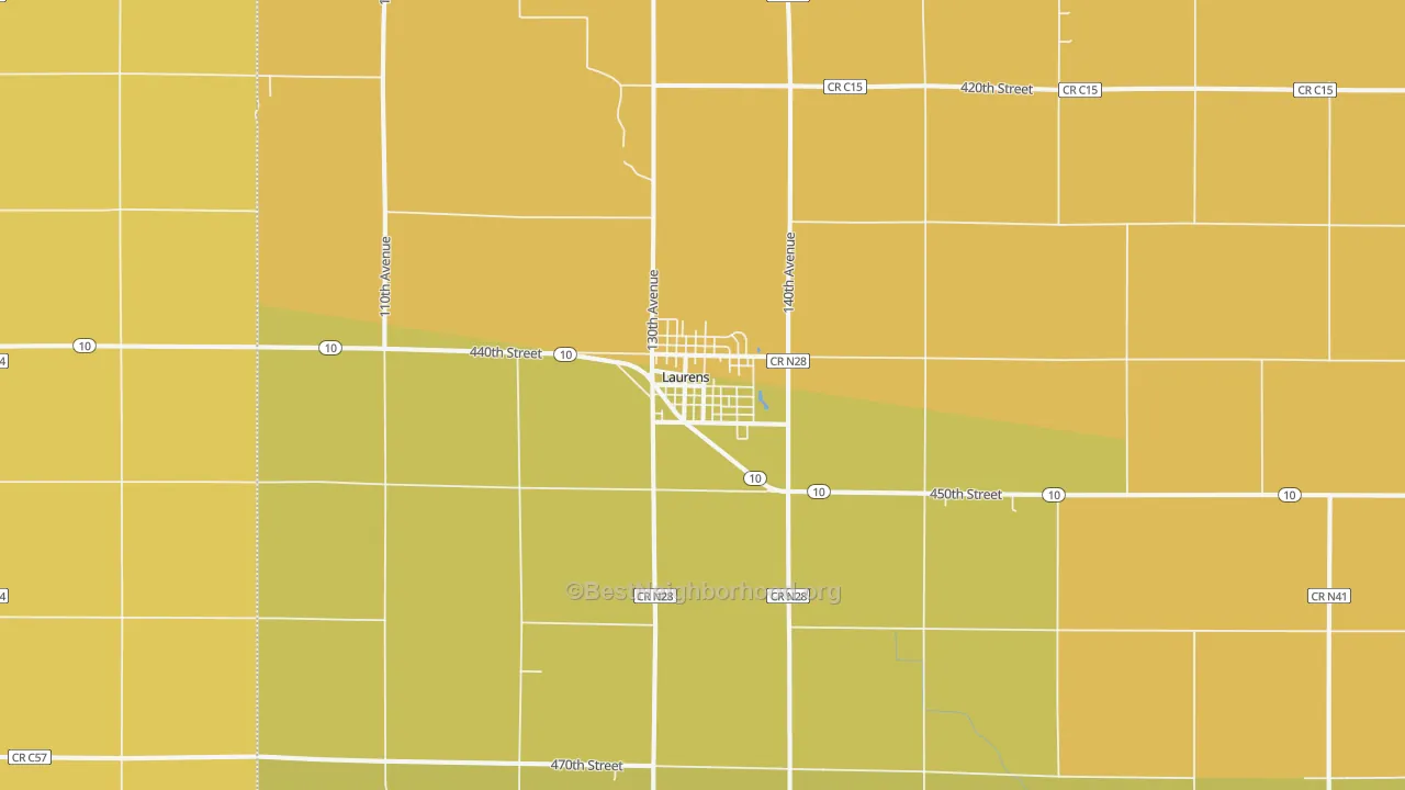 Map of the best neighborhoods in the Laurens area, with better matches in green and worse matches in red