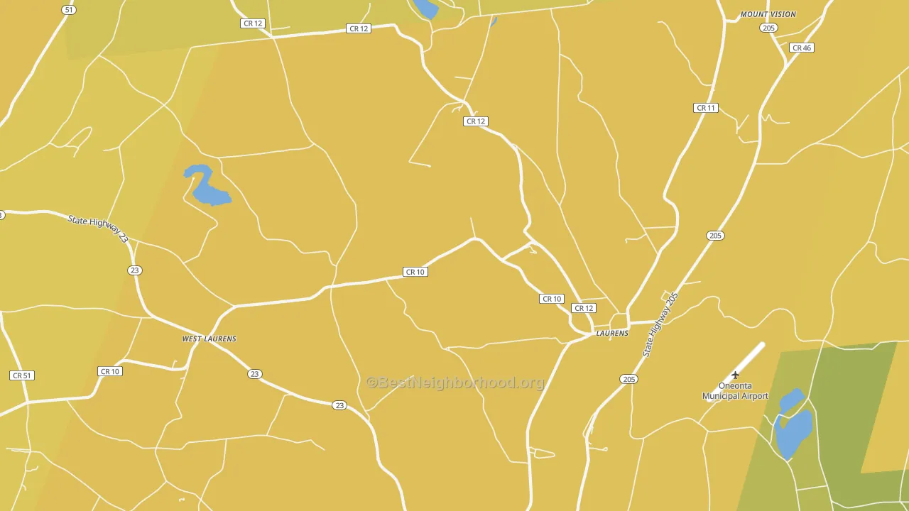 Map of the best neighborhoods in the Laurens area, with better matches in green and worse matches in red