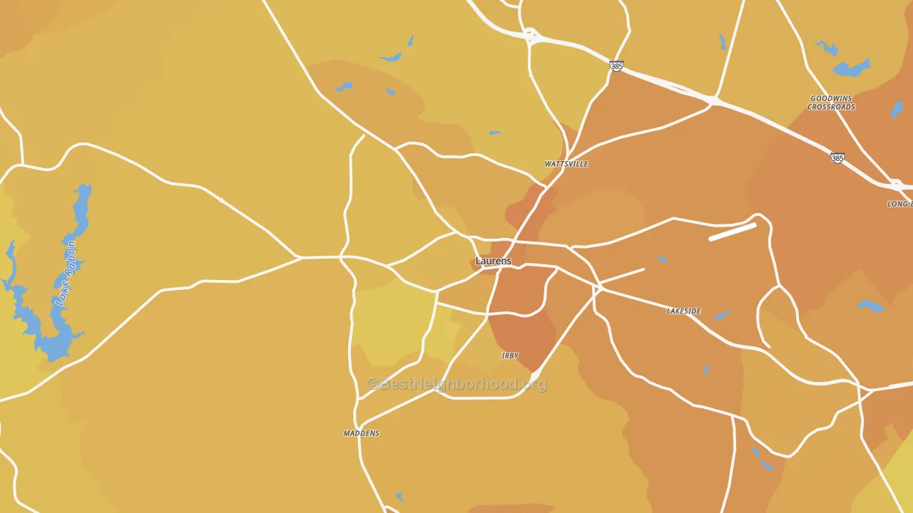 Map of the best neighborhoods in the Laurens area, with better matches in green and worse matches in red