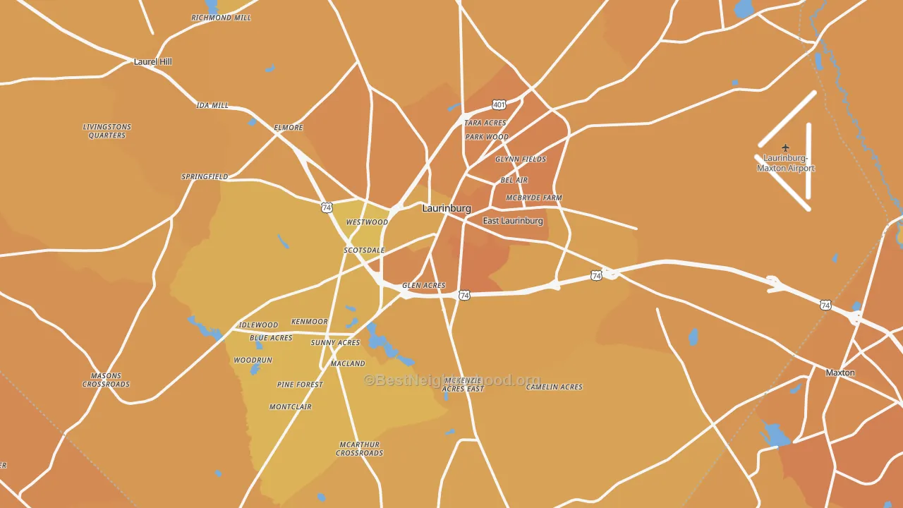 Map of the best neighborhoods in the Laurinburg area, with better matches in green and worse matches in red
