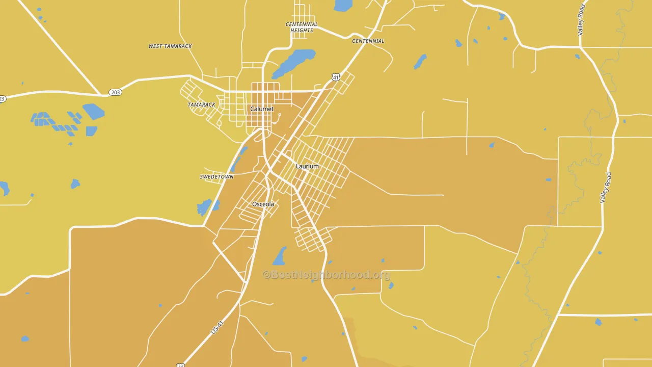 Map of the best neighborhoods in the Laurium area, with better matches in green and worse matches in red