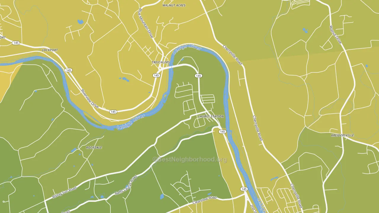 Map of the best neighborhoods in the Laurys Station area, with better matches in green and worse matches in red