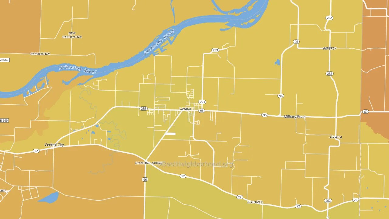 Map of the best neighborhoods in the Lavaca area, with better matches in green and worse matches in red