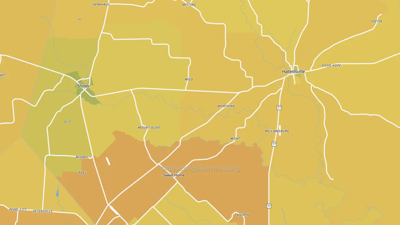 Map of the best neighborhoods in the Lavaca County area, with better matches in green and worse matches in red