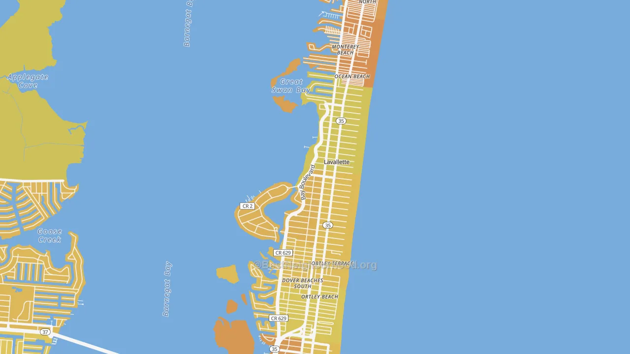 Map of the best neighborhoods in the Lavallette area, with better matches in green and worse matches in red