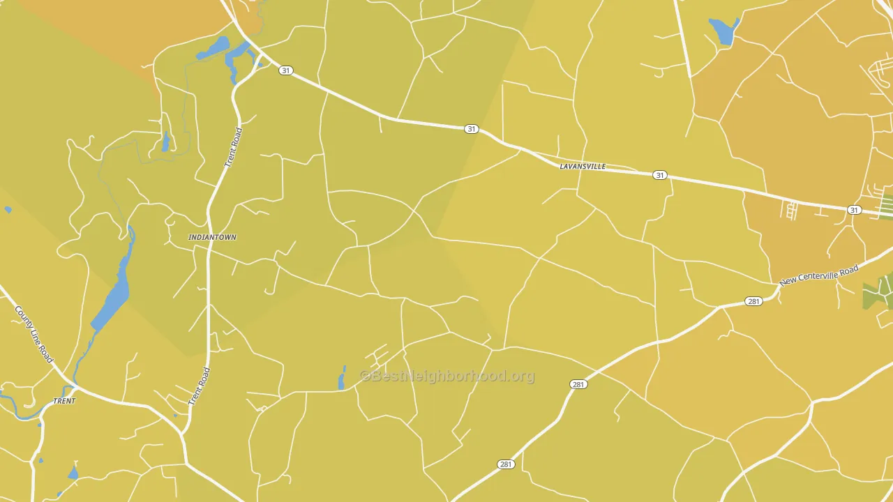 Map of the best neighborhoods in the Lavansville area, with better matches in green and worse matches in red