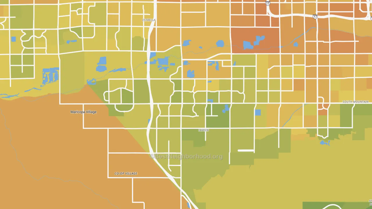 Map of the best neighborhoods in the Laveen area, with better matches in green and worse matches in red