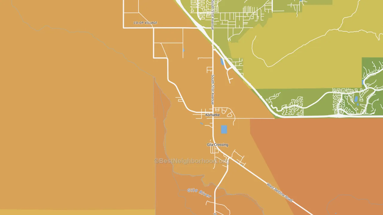Map of the best neighborhoods in the Laveen Village area, with better matches in green and worse matches in red