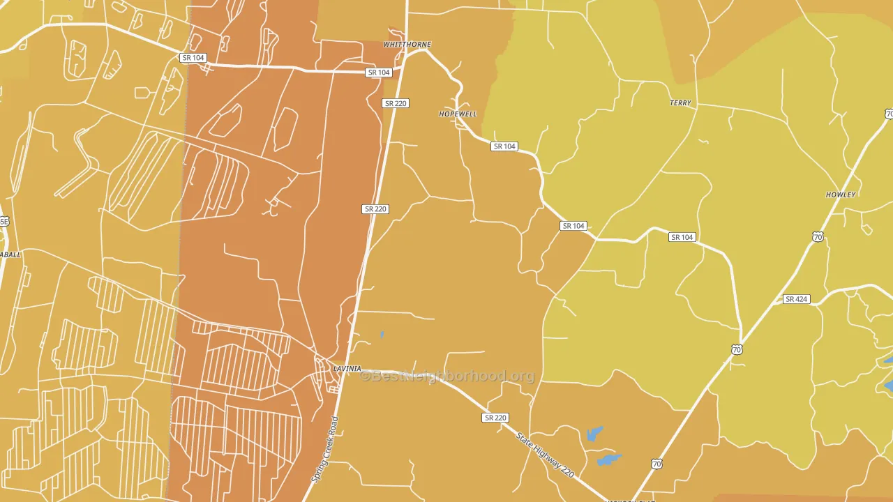 Map of the best neighborhoods in the Lavinia area, with better matches in green and worse matches in red