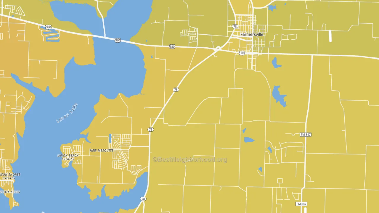 Map of the best neighborhoods in the Lavon Beach Estates area, with better matches in green and worse matches in red