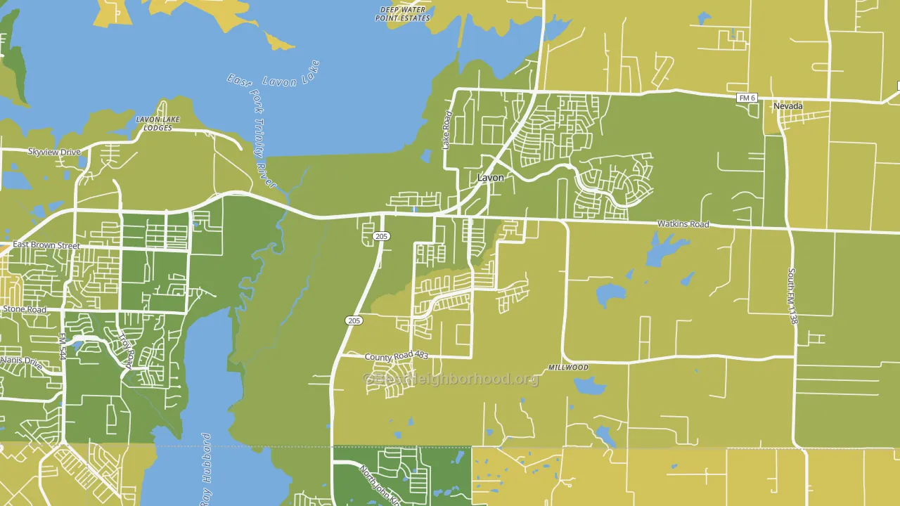Map of the best neighborhoods in the Lavon area, with better matches in green and worse matches in red