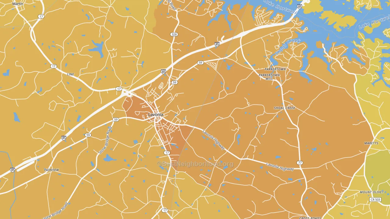 Map of the best neighborhoods in the Lavonia area, with better matches in green and worse matches in red