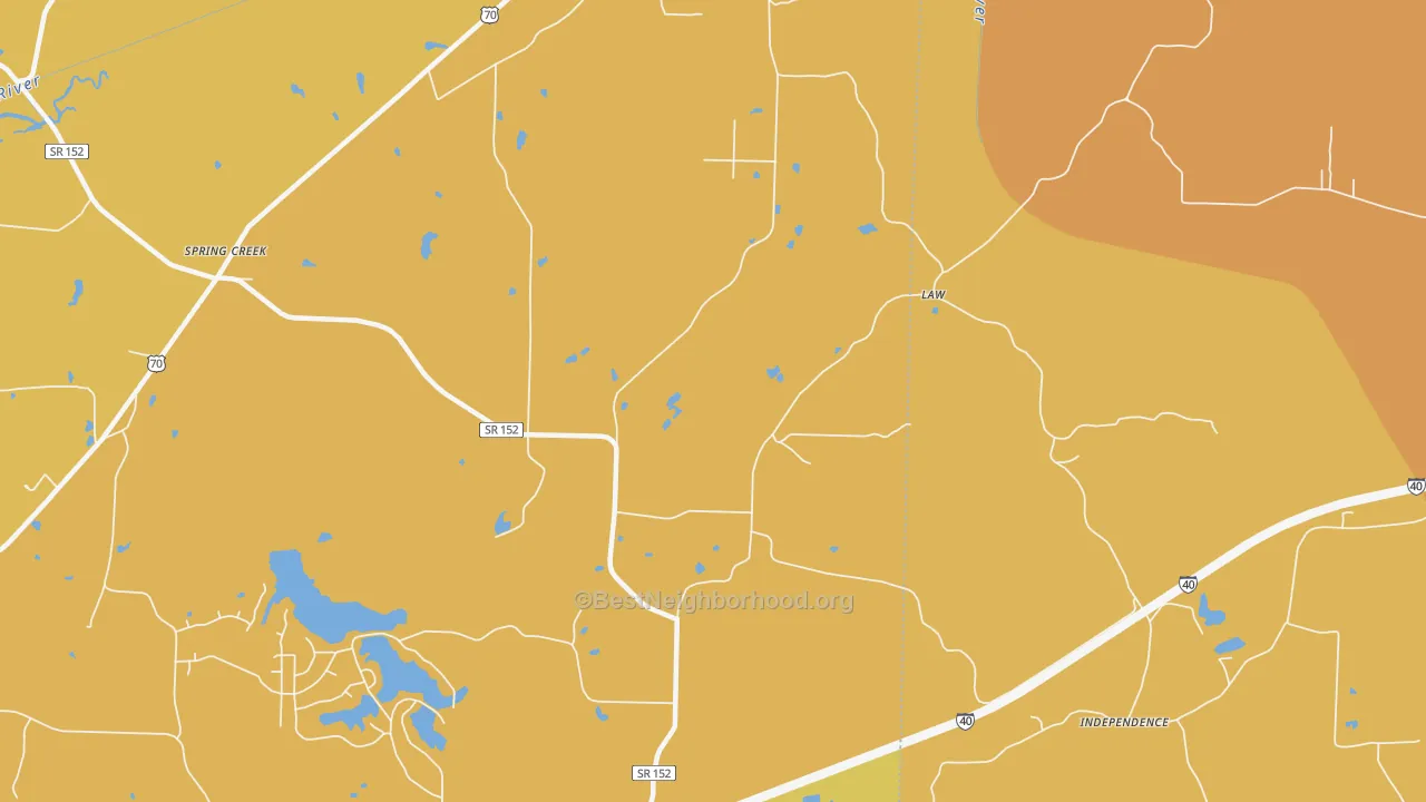 Map of the best neighborhoods in the Law area, with better matches in green and worse matches in red