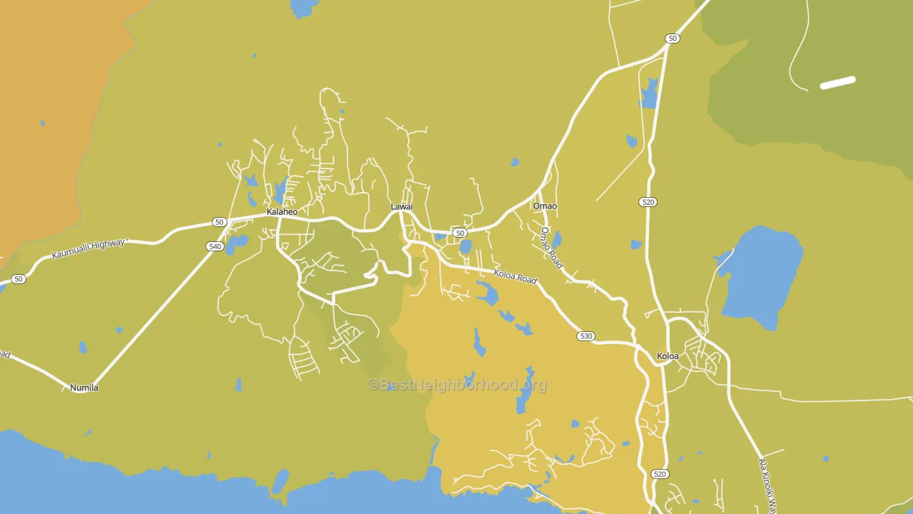 Map of the best neighborhoods in the Lawai area, with better matches in green and worse matches in red