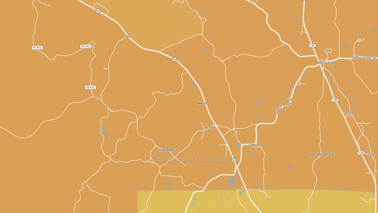 Map of the best neighborhoods in the Lawley area, with better matches in green and worse matches in red