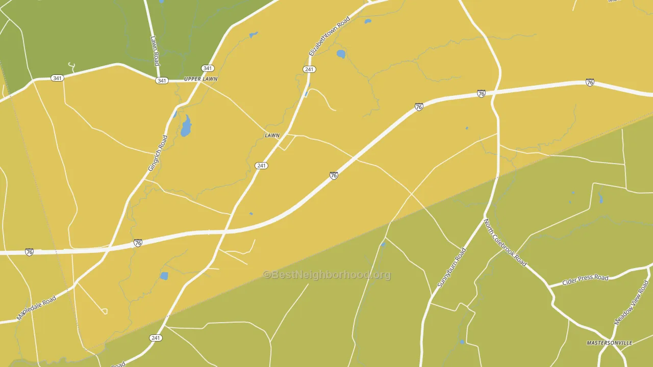 Map of the best neighborhoods in the Lawn area, with better matches in green and worse matches in red