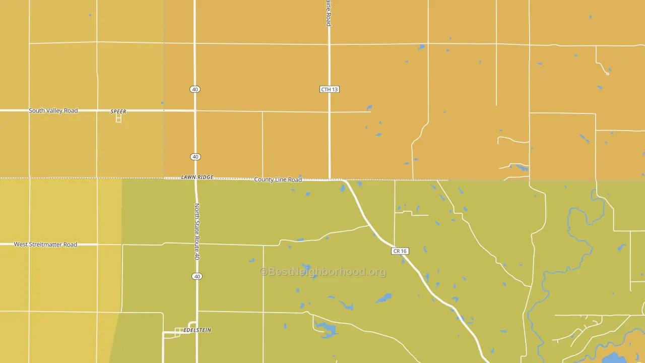 Map of the best neighborhoods in the Lawn Ridge area, with better matches in green and worse matches in red
