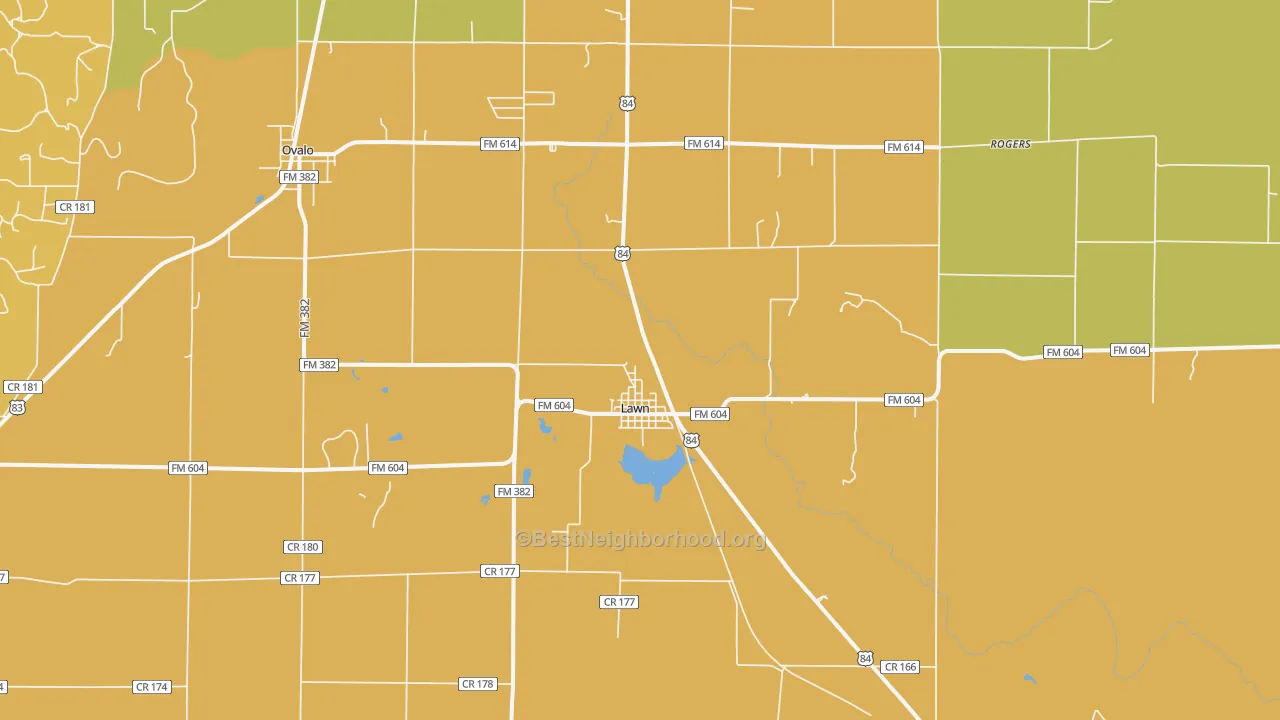 Map of the best neighborhoods in the Lawn area, with better matches in green and worse matches in red