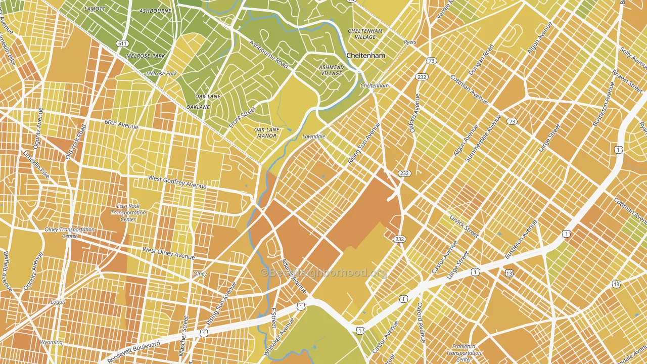 Map of the best neighborhoods in the Lawncrest, Philadelphia area, with better matches in green and worse matches in red