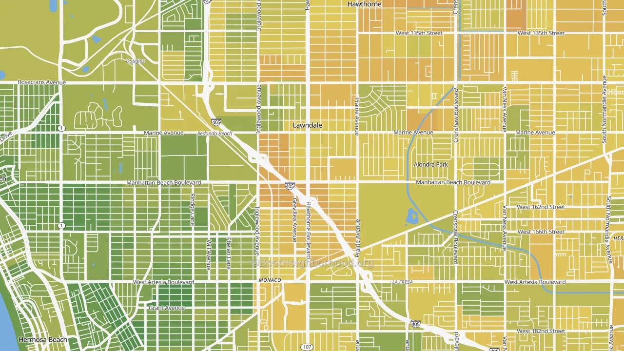 Map of the best neighborhoods in the Lawndale area, with better matches in green and worse matches in red