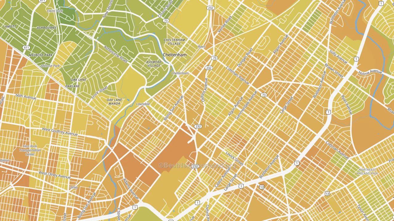 Map of the best neighborhoods in the Lawndale, Philadelphia area, with better matches in green and worse matches in red