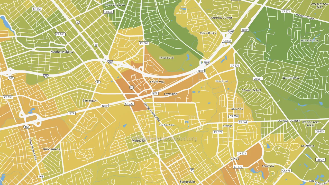 Map of the best neighborhoods in the Lawnside area, with better matches in green and worse matches in red