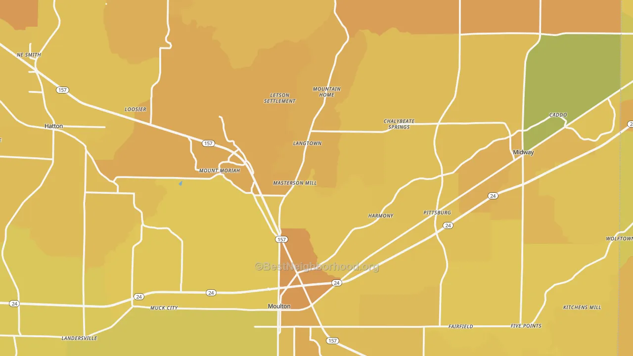 Map of the best neighborhoods in the Lawrence County area, with better matches in green and worse matches in red
