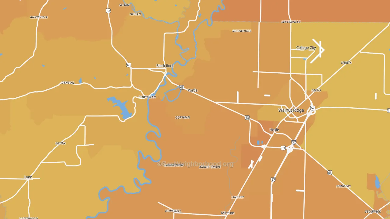 Map of the best neighborhoods in the Lawrence County area, with better matches in green and worse matches in red