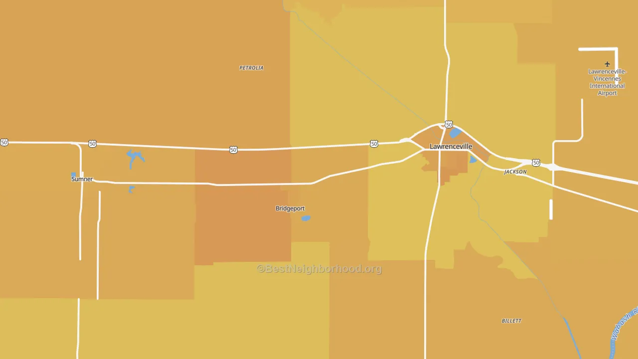 Map of the best neighborhoods in the Lawrence County area, with better matches in green and worse matches in red