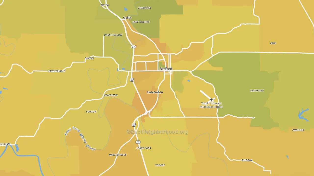 Map of the best neighborhoods in the Lawrence County area, with better matches in green and worse matches in red