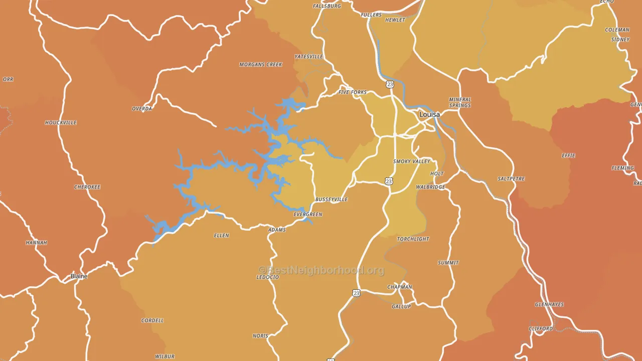 Map of the best neighborhoods in the Lawrence County area, with better matches in green and worse matches in red