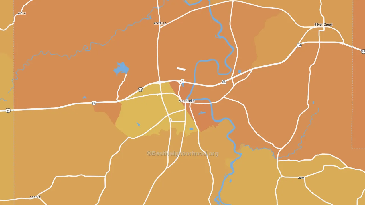 Map of the best neighborhoods in the Lawrence County area, with better matches in green and worse matches in red