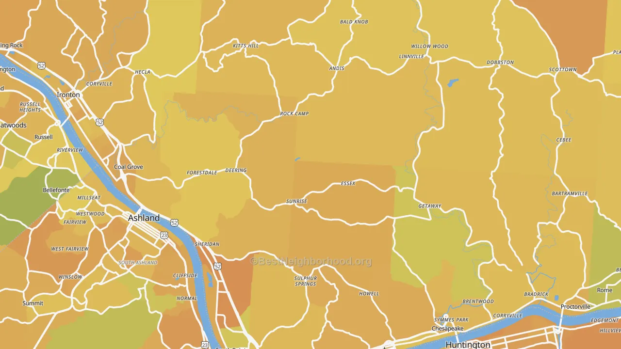 Map of the best neighborhoods in the Lawrence County area, with better matches in green and worse matches in red