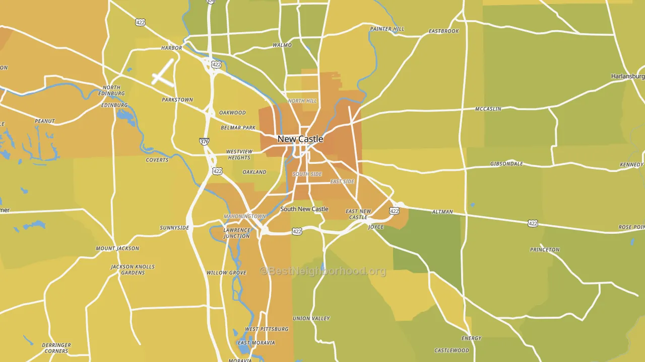 Map of the best neighborhoods in the Lawrence County area, with better matches in green and worse matches in red