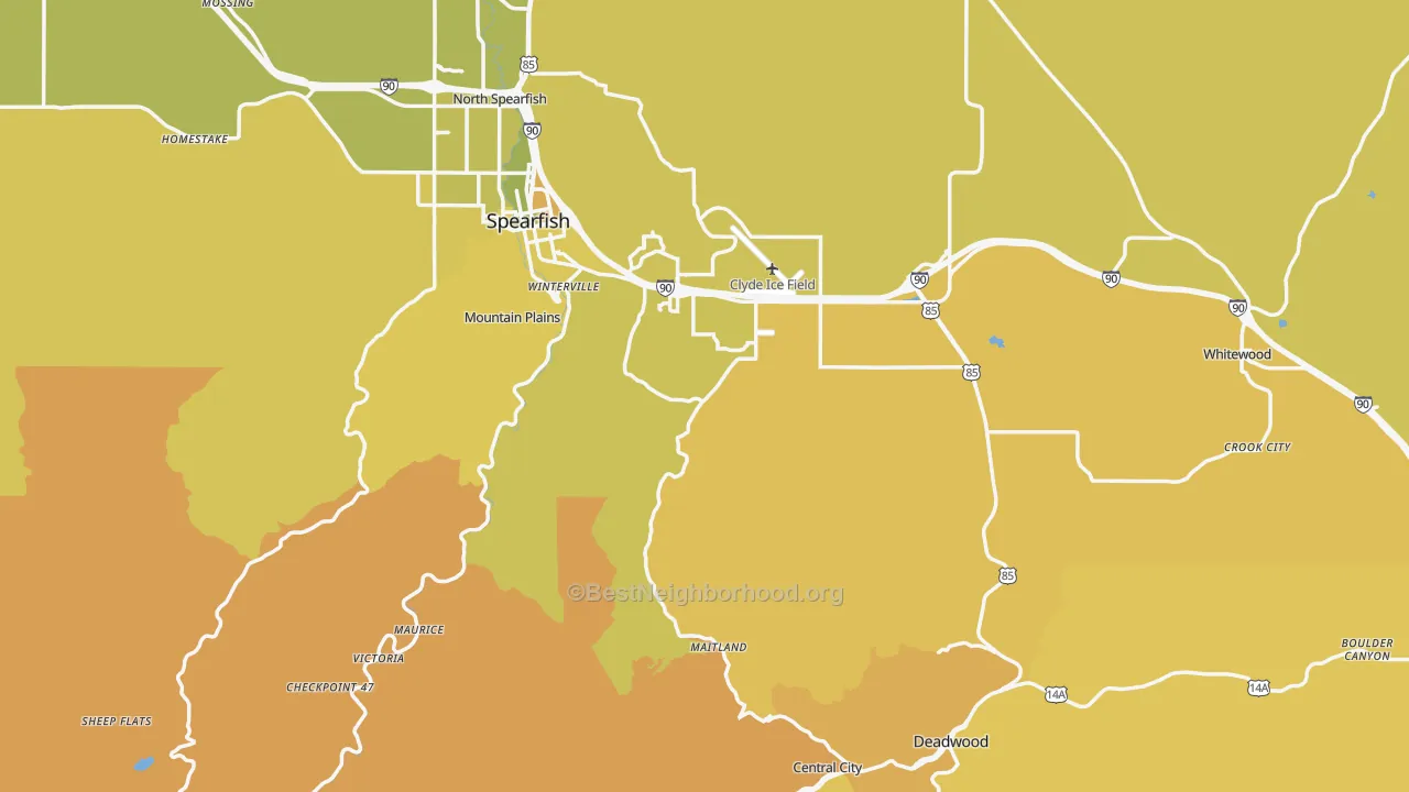 Map of the best neighborhoods in the Lawrence County area, with better matches in green and worse matches in red