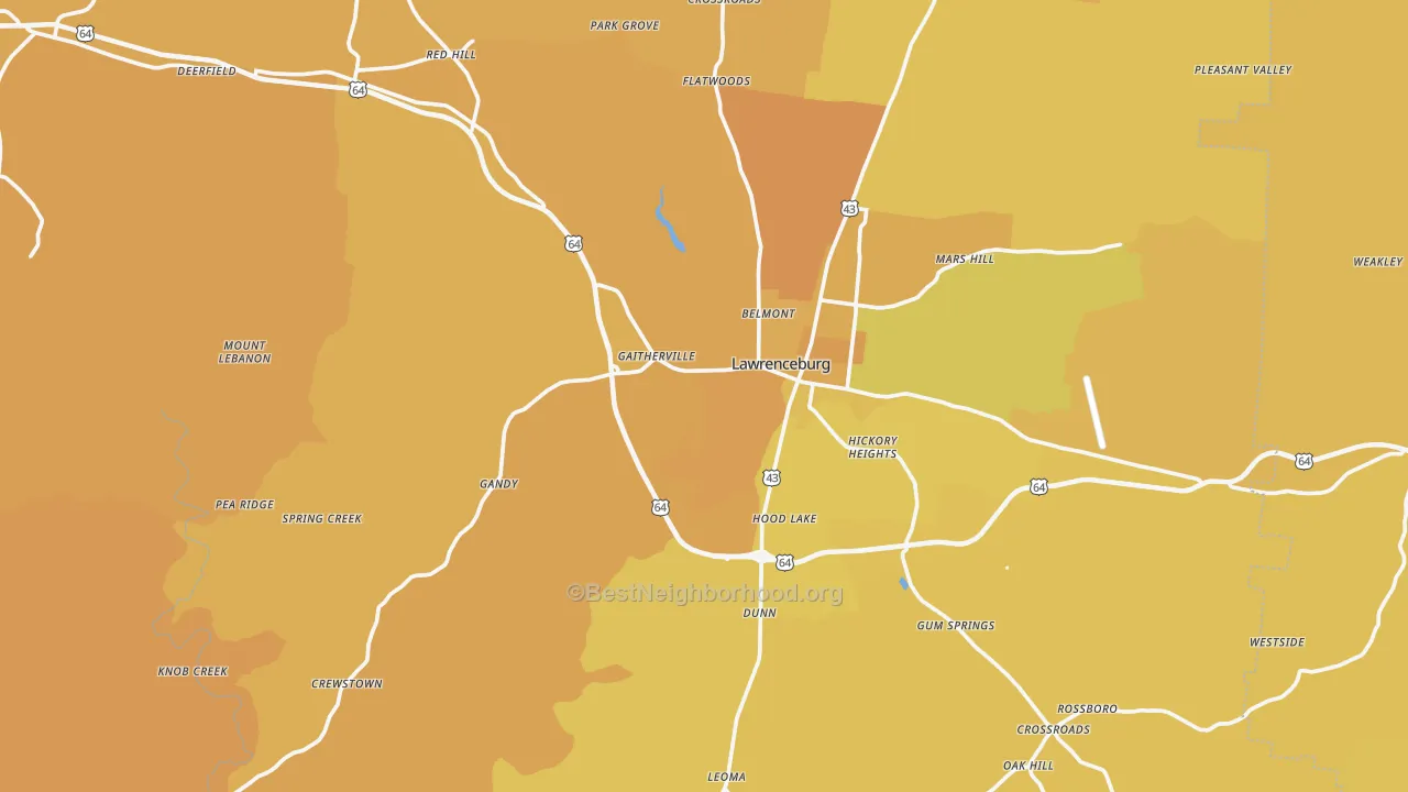 Map of the best neighborhoods in the Lawrence County area, with better matches in green and worse matches in red
