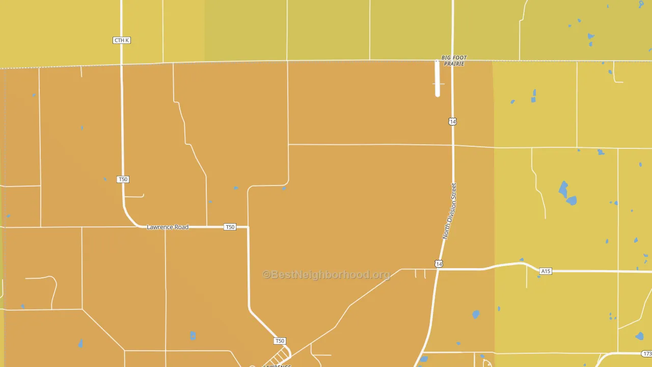 Map of the best neighborhoods in the Lawrence area, with better matches in green and worse matches in red